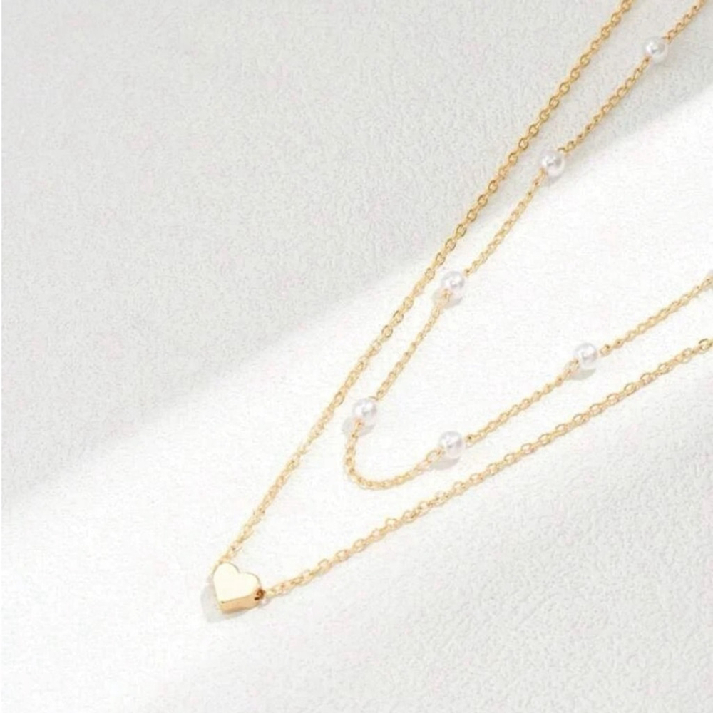 ⚠️Clearance 2pcs Heart And Faux Pearl Yellow Gold Necklace SS - Picture 2 of 5